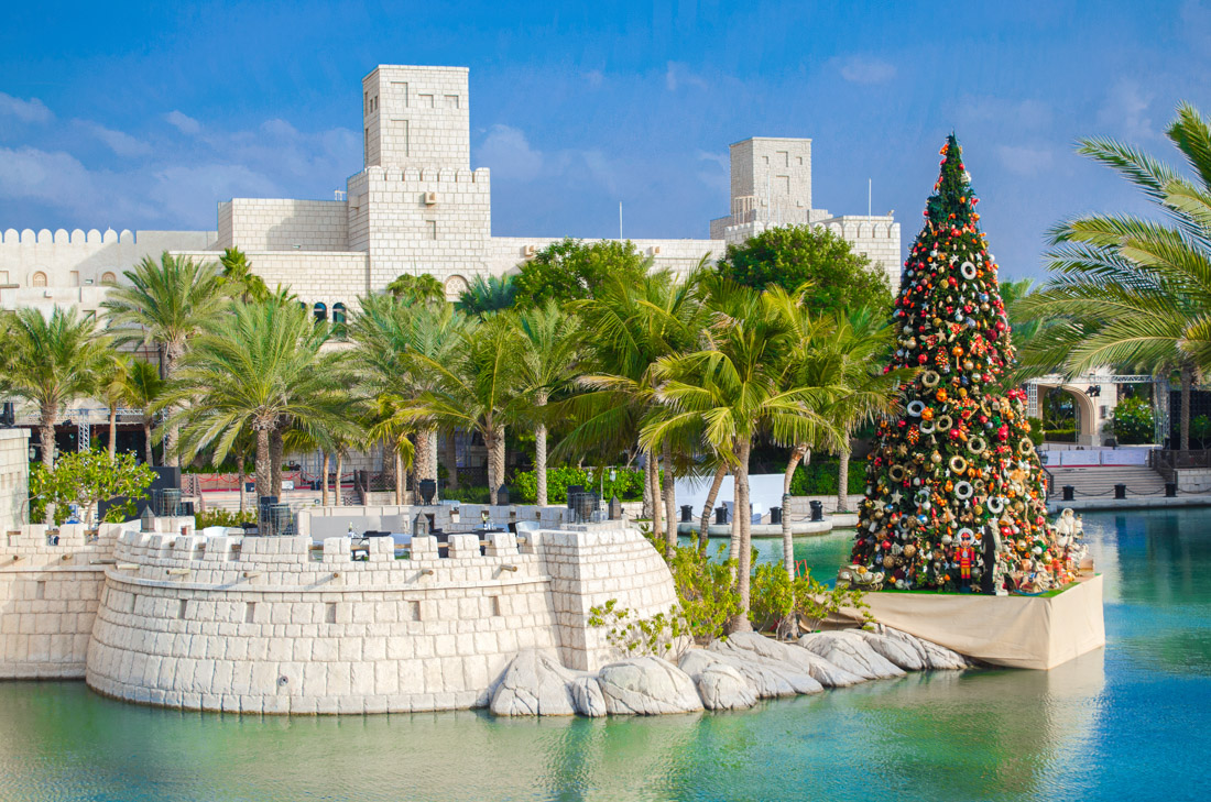 Dubai in December. Christmas tree in Madinat Jumeirah, Dubai