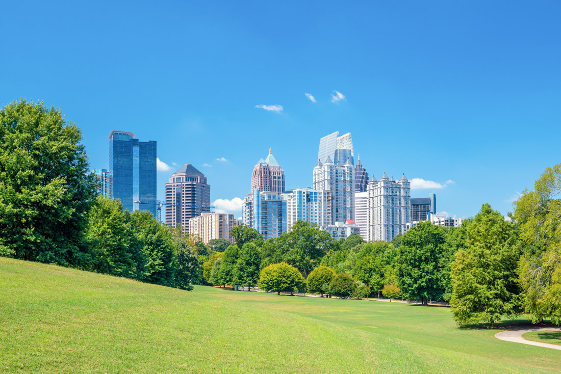 Atlanta skyline view with blue skies