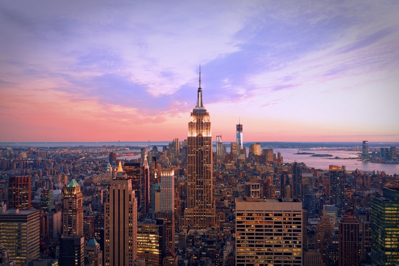 New York city skyline at twilight.