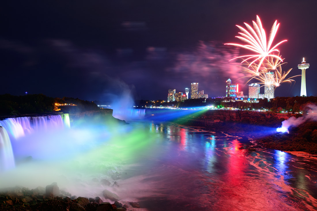 Niagara Falls e fogos de artifício.