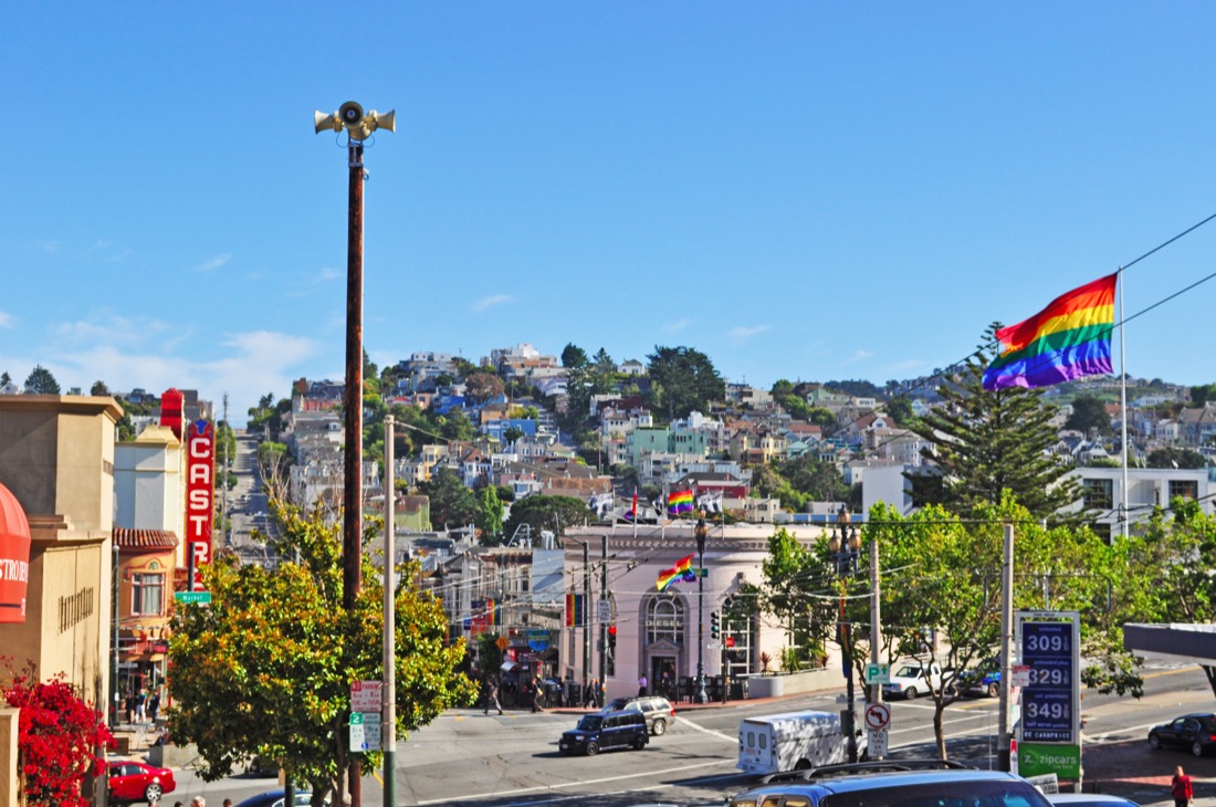 Castro neighborhood in San Francisco with pride flag and Castro Theatre in background