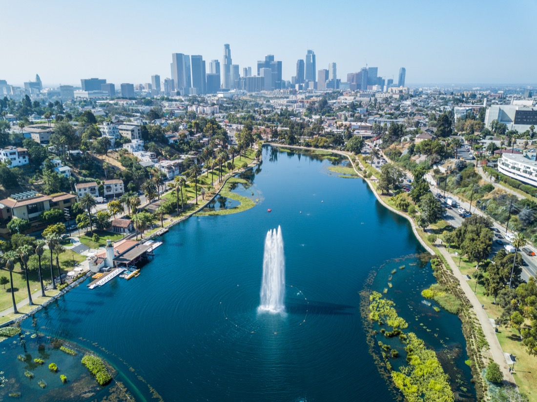 Large lake of water and cityscape at Echo Park in Los Angeles 