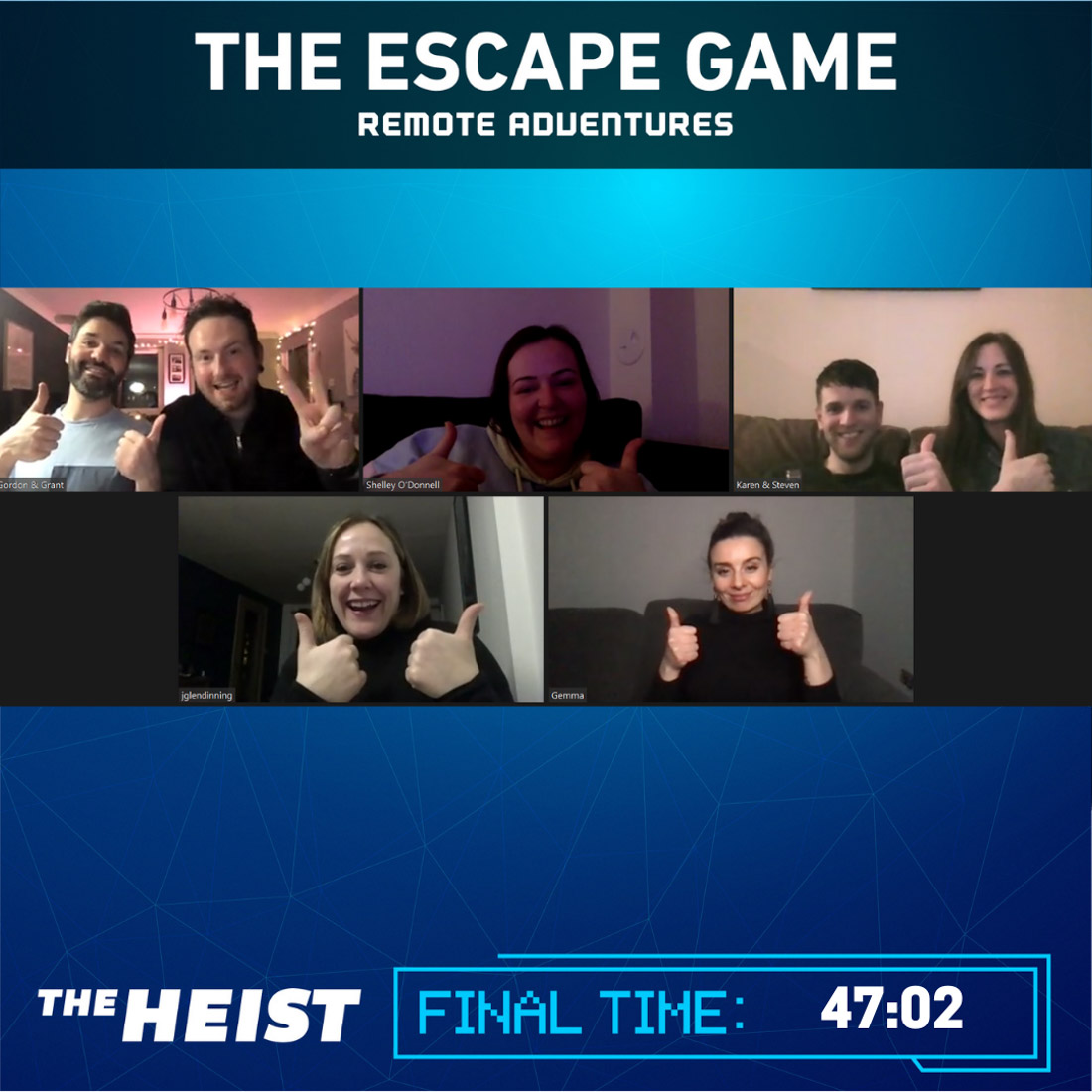 Remote Adventures Virtual Escape Game Group Image. A group of players smile at the Zoom screen with The Heist written underneath the image. 