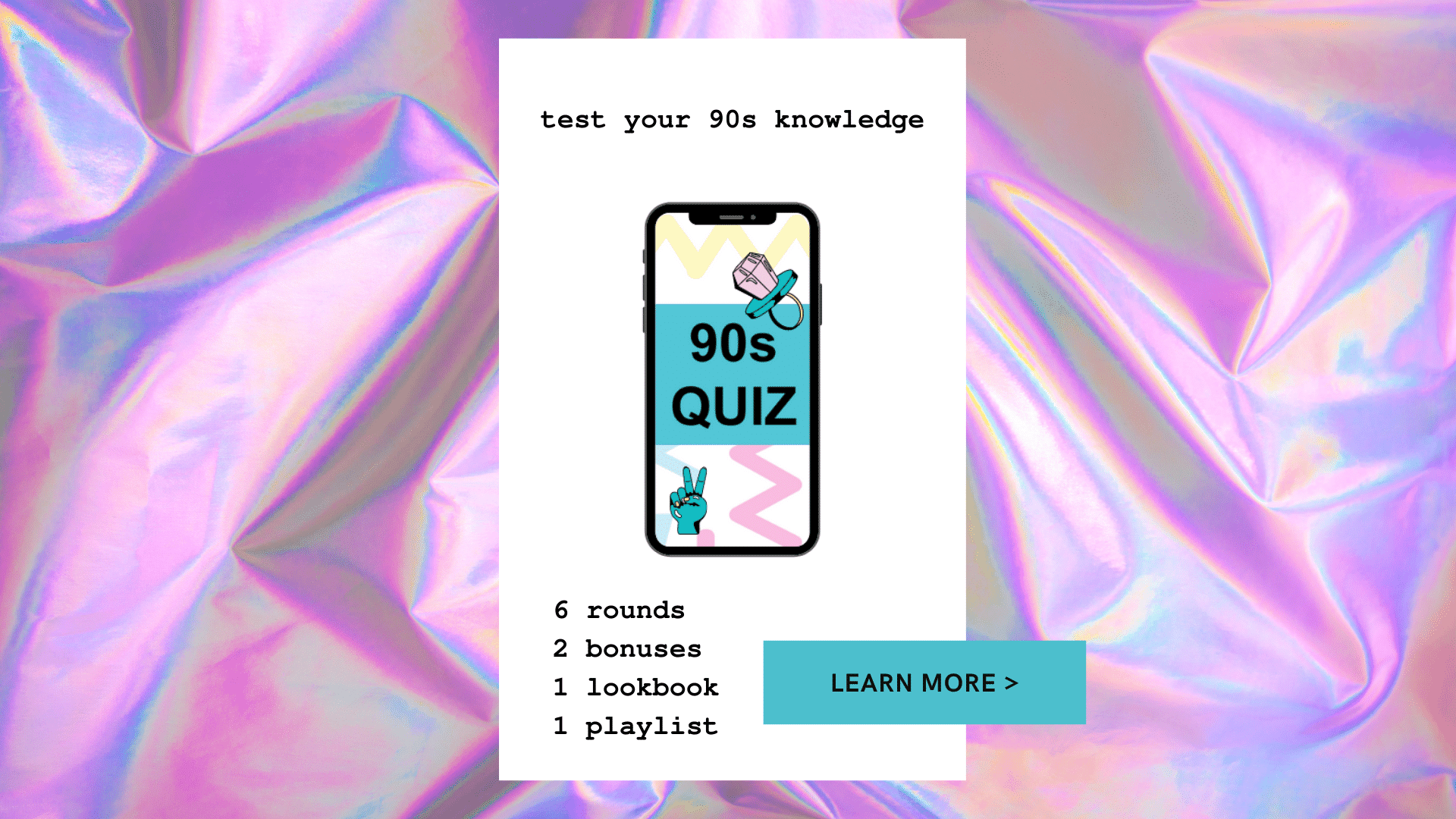 90s Quiz Callout Cellphone with 90s Quiz text against pastel coloured background