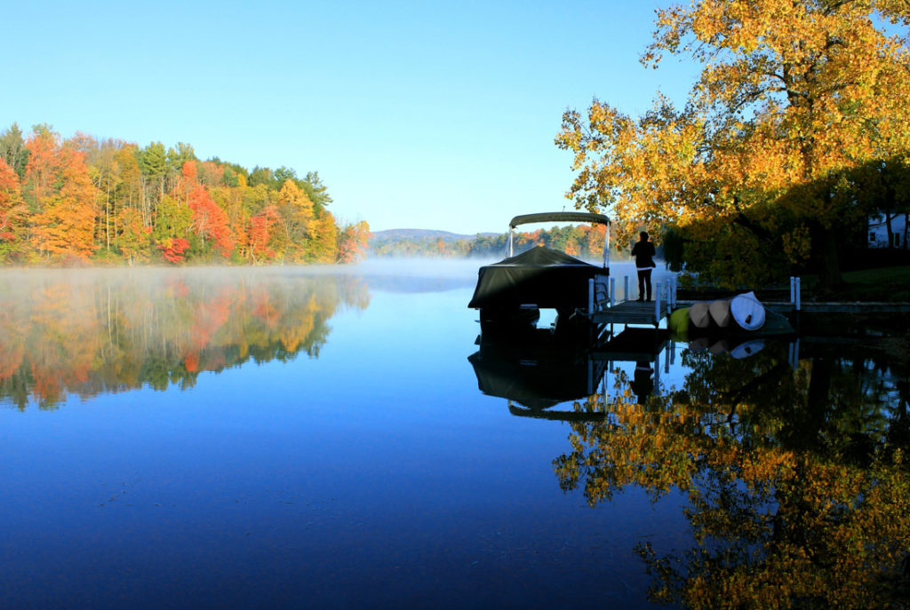 Berkshires. Lakes with tree and boat