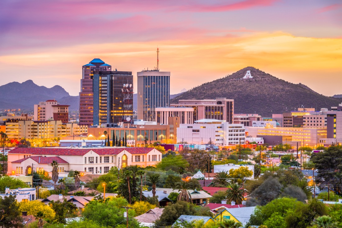 Mountain and cityscape photo of Tucson Arizona at dusk