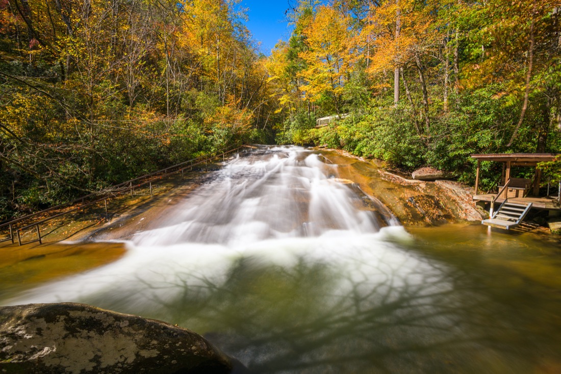 Sliding Rock Falls on Looking Glass Creek in Pisgah National Forest, North Carolina, USA in the autumn season