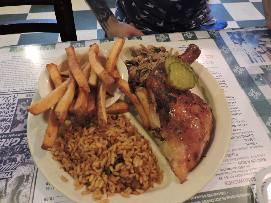 Green Mesquite Austin BBC plate - meat, rice, fries