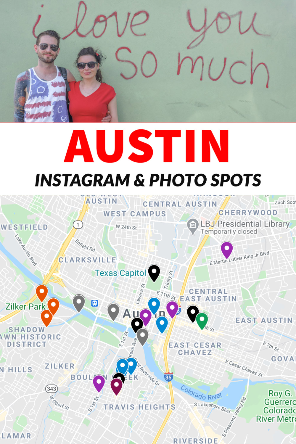 Looking for the best Instagram spots in Austin, Texas? This guide details cool streets, hip hotels, awesome murals, landmarks and the cutest couple photo locations in Austin. Map included!