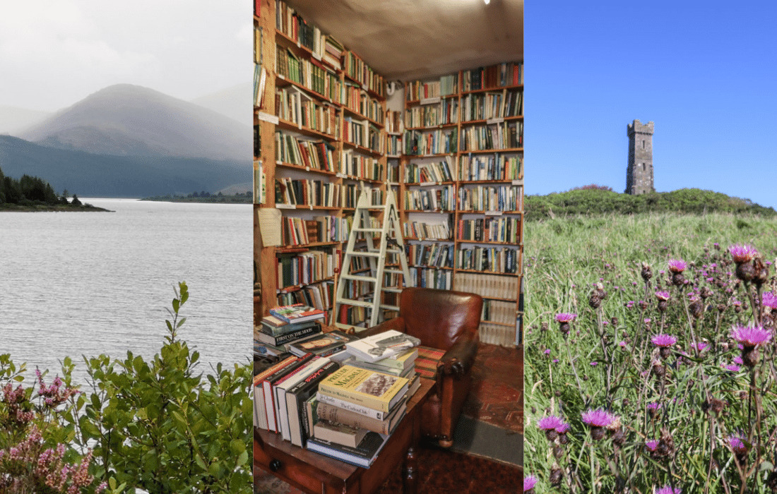 South West Scotland locations. Image 1: loch with mountain. Image 2: books at shop. Image 3: tower on top of hill
