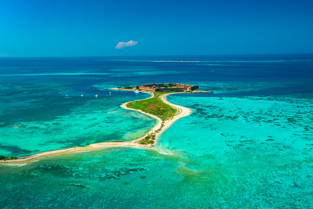 Aerial view of Civil War Fort Jefferson and Gulf of Mexico in Dry Tortugas National Park, Florida