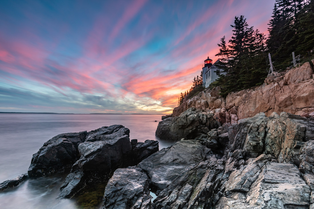 Sunset at Bass Harbor Lighthouse in Acadia National Park, Maine