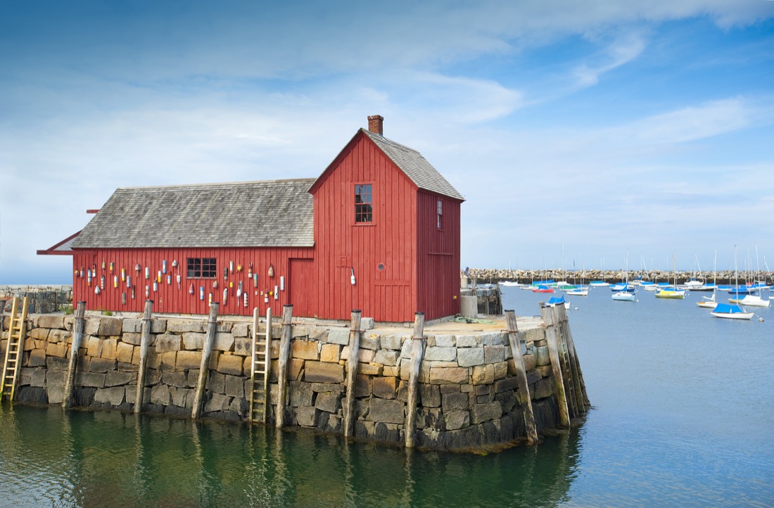 Red building Motif No. 1 on Bradley Wharf Rockport. Massachusetts