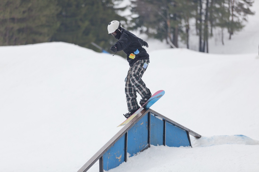 A snowboarder on a ramp at the Wisp Ski Resort in Deep Creek Lake Maryland.