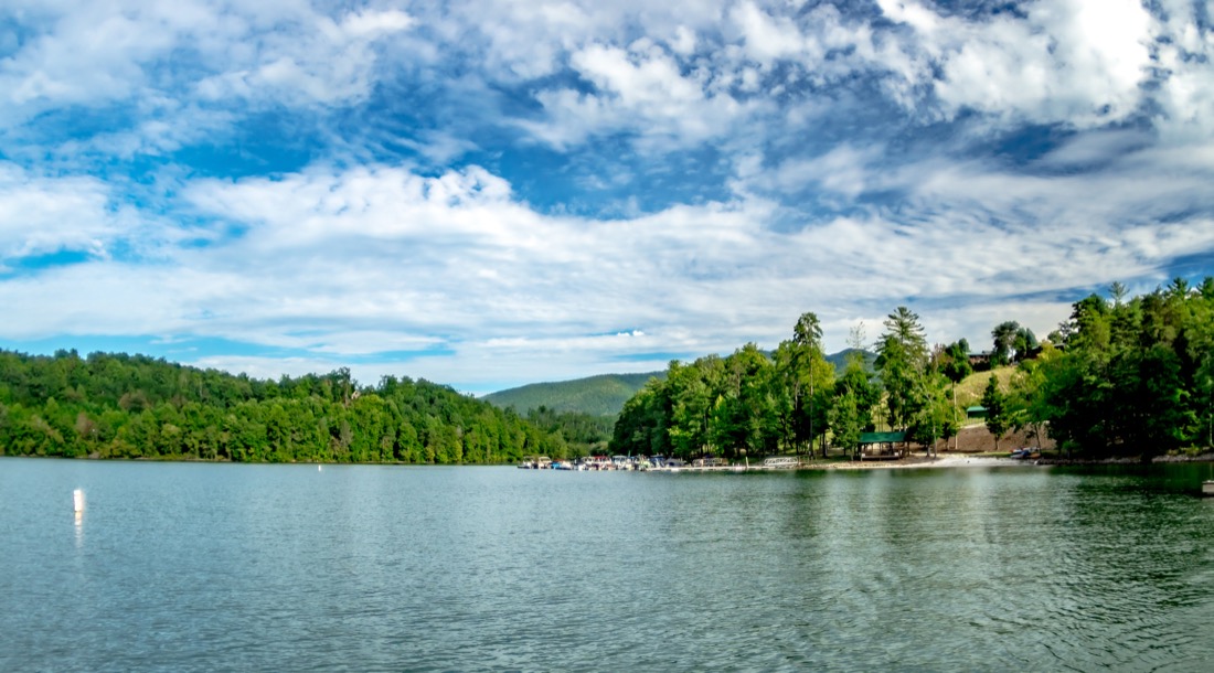 Blue skies over Lake James and Lake James State Park in North Carolina