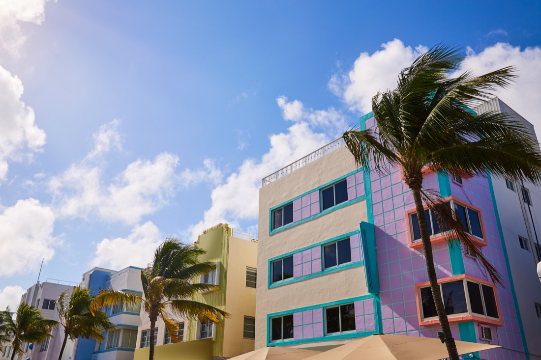 Miami Beach Ocean boulevard pastel colored art deco buildings in Florida