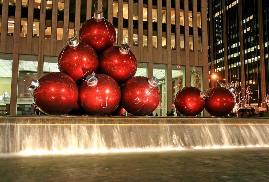 Red baubles New York Christmas decorations in Midtown Manhattan NYC.