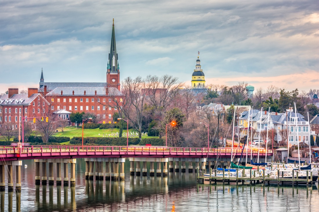 Annapolis, Maryland, USA State House and St. Mary's Church viewed over Annapolis Harbor and Eastport Bridge