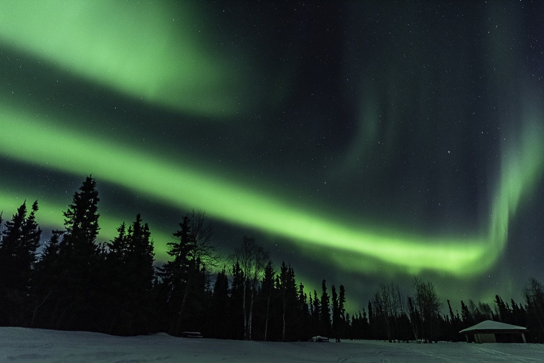 Dark night with Aurora Borealis over Lake Chena in Alaska