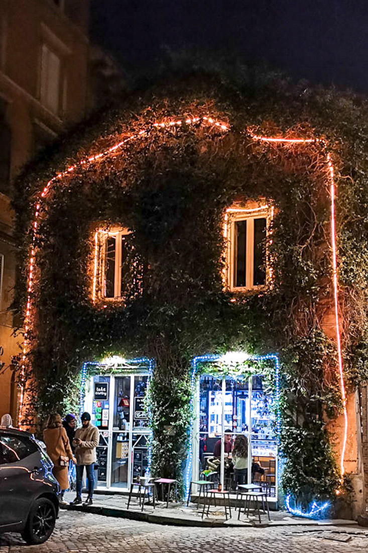 Bar La Licata lit up with ivy plants, Monti Rome