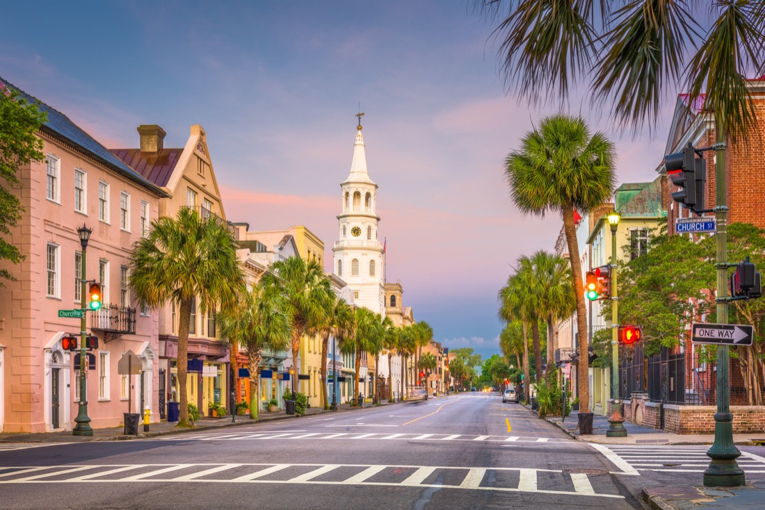 Sunset over Charleston Downtown buildings, South Carolina.