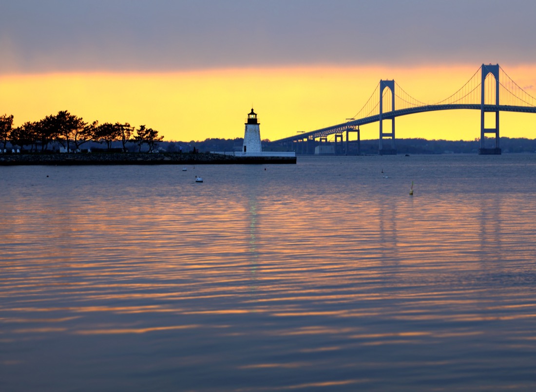 Sunset over Claiborne pell bridge Newport Bridge in Rhode Island