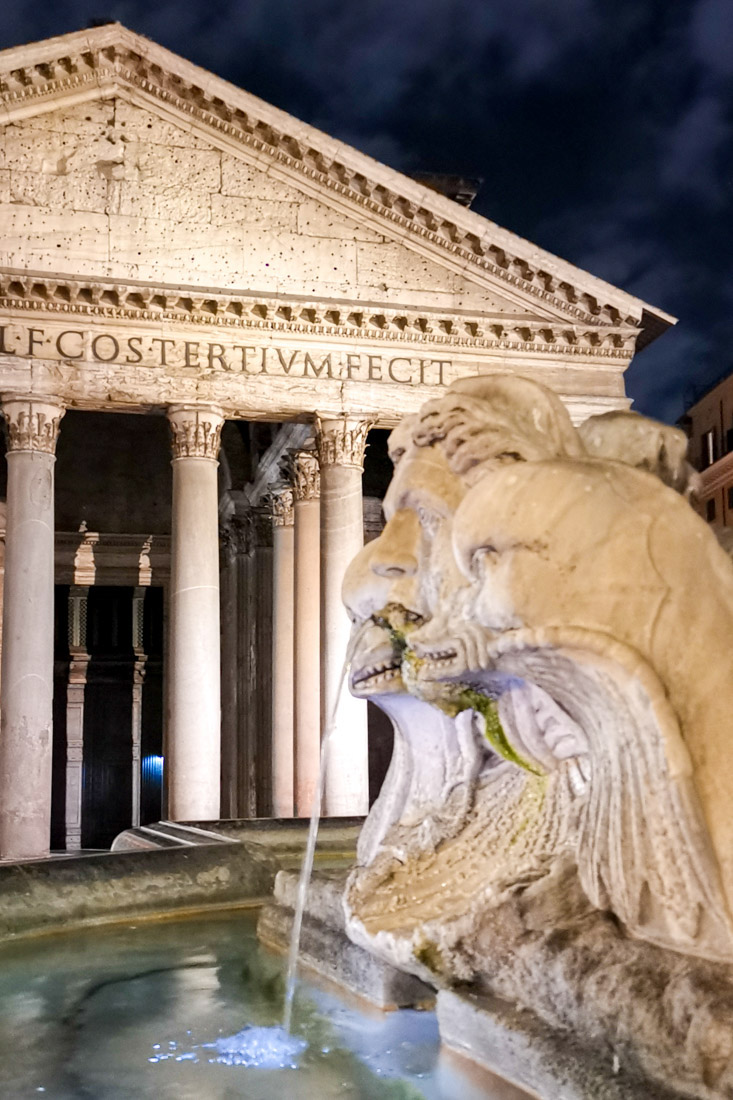Pantheon at night in Rome water fountain