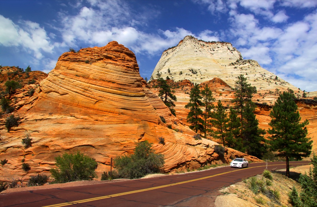 Scenic drive in Zion National Park Utah with blue skies