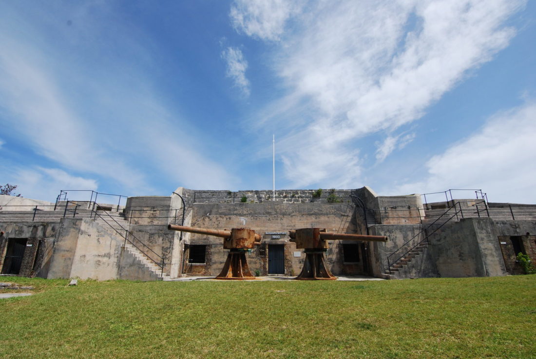 Ruins of Alexandra Battery in Bermuda with two rusty canons