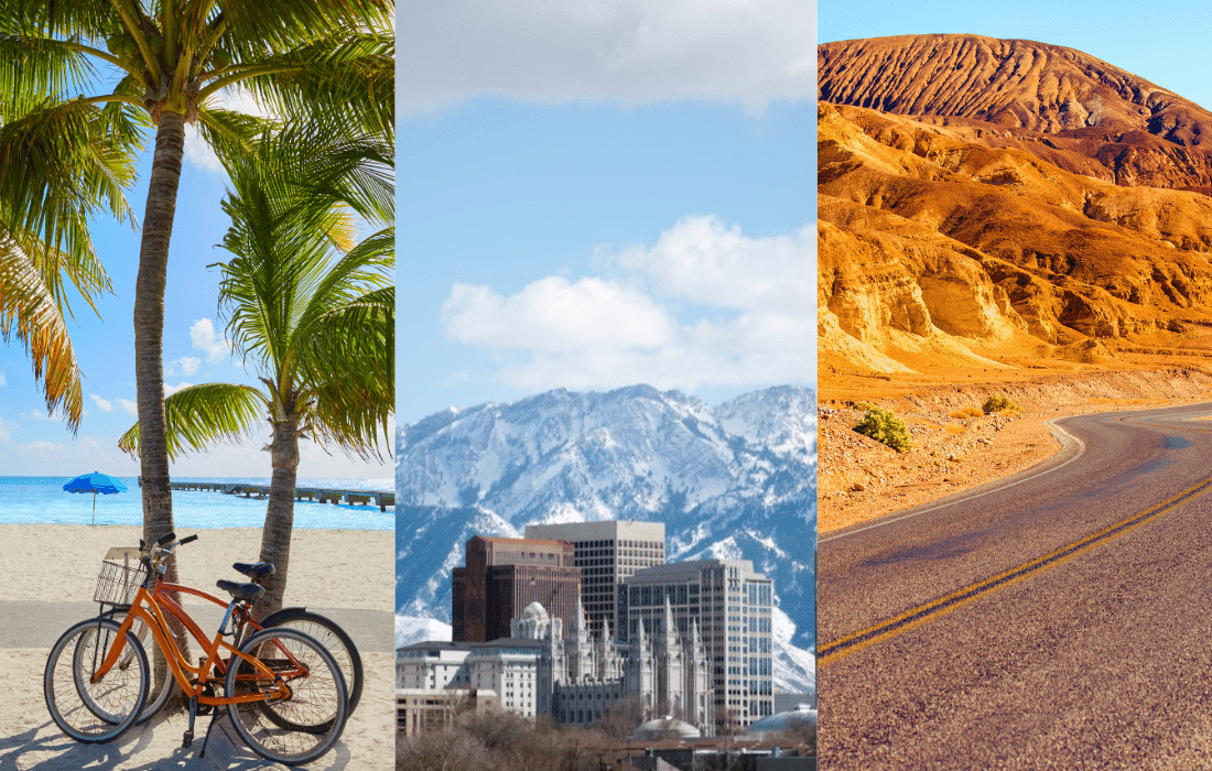 US locations - bike on beach Key West, city with snowy mountain Salt Lake City and red desert with road at Death Valley