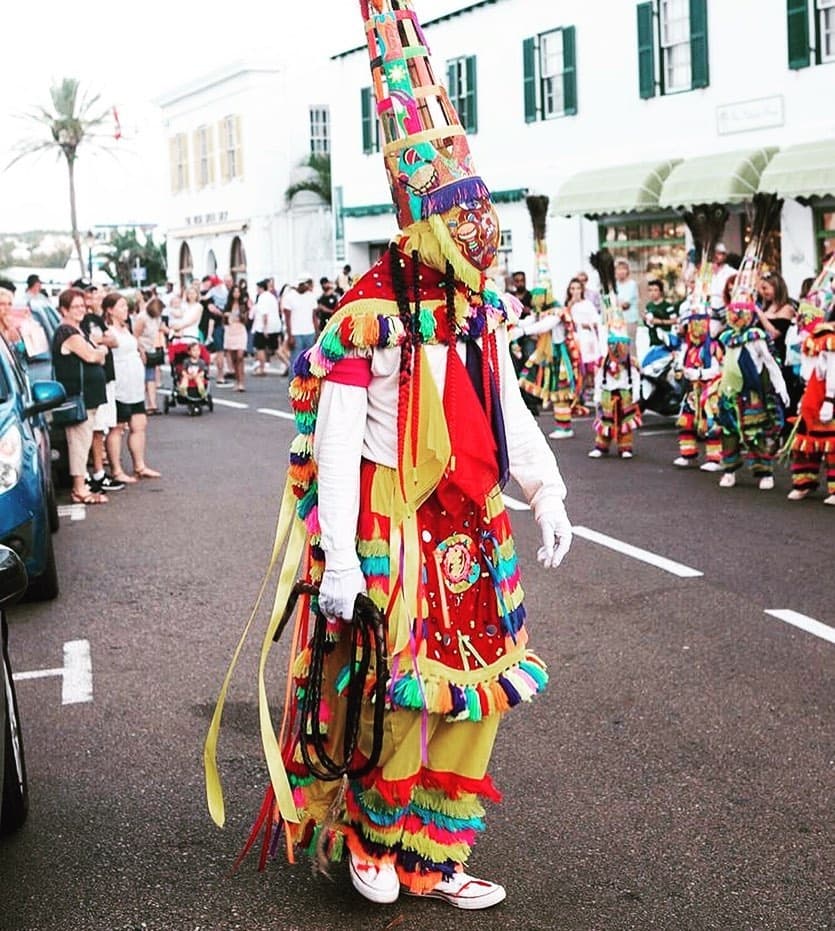 Person dressed in traditional clothing for Gombey Dancing Bermuda