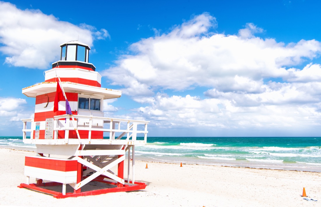 Red and white Lifeguard house in Miami beach