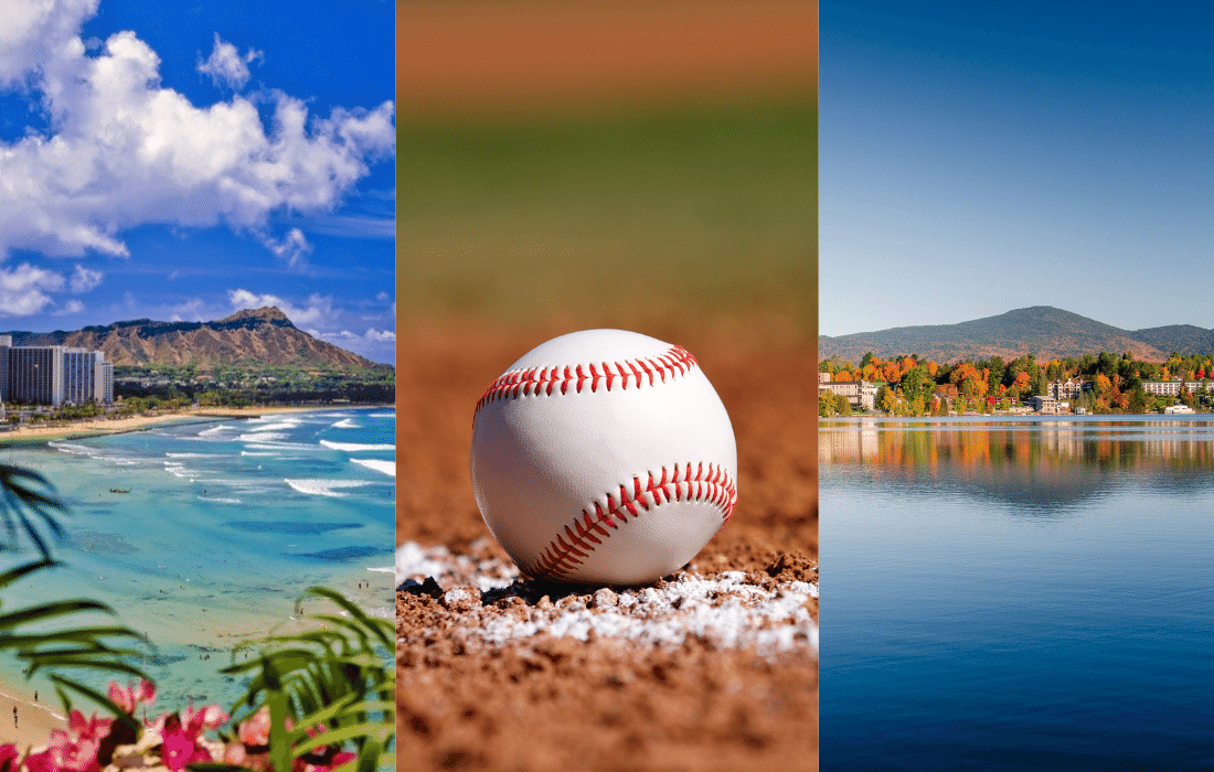 Mountain in Hawaii, baseball on sand, Lake Placid at Fall