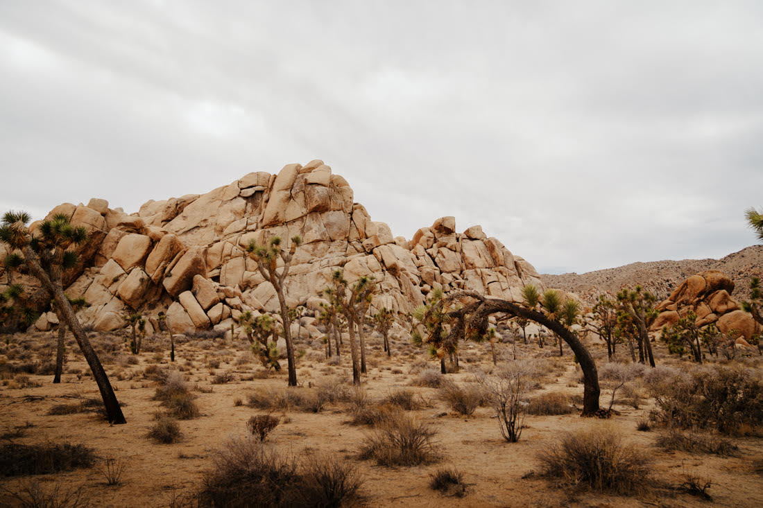 Rocky cliff of Joshua Tree National Park with dark clouds
