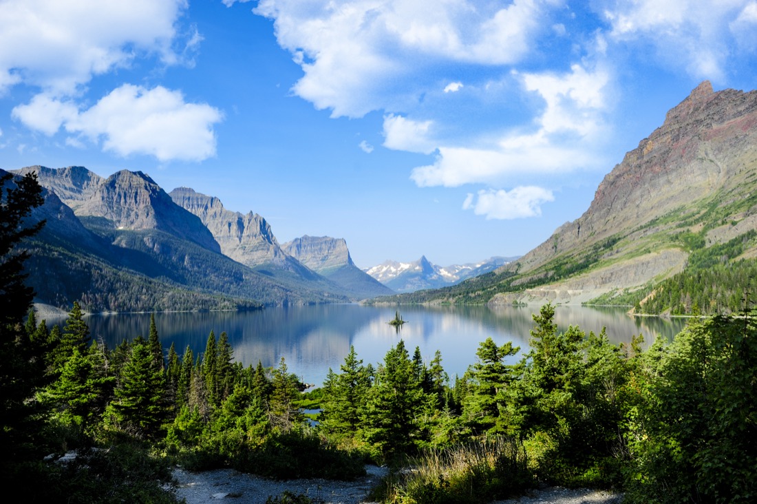 Beautiful lake view with mountains at Saint Marys Lake at Glacier National Park Montana