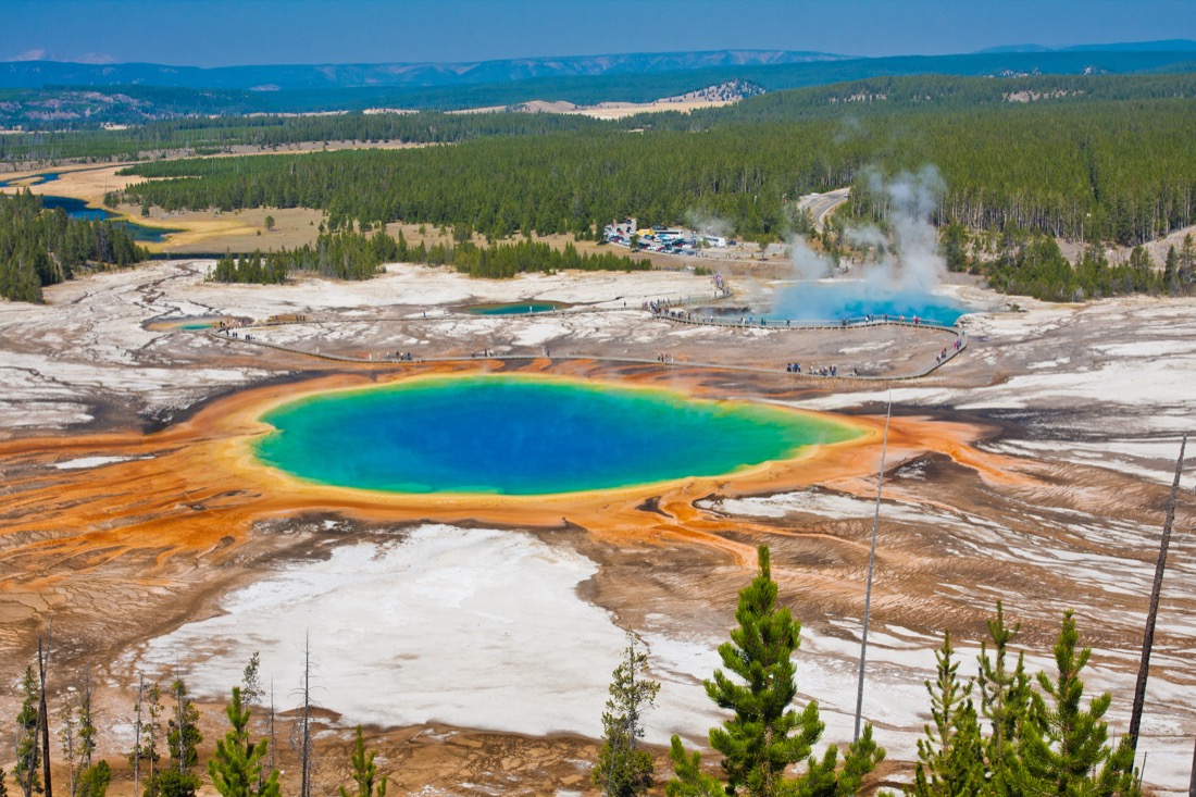 Blue and yellow Grand Prismatic Spring at Yellowstone National Park