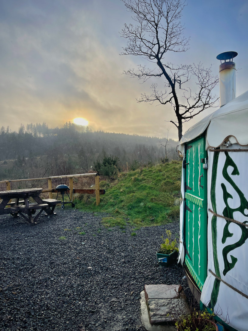 Mathrown of Mabie luxury yurt sunset Dumfries