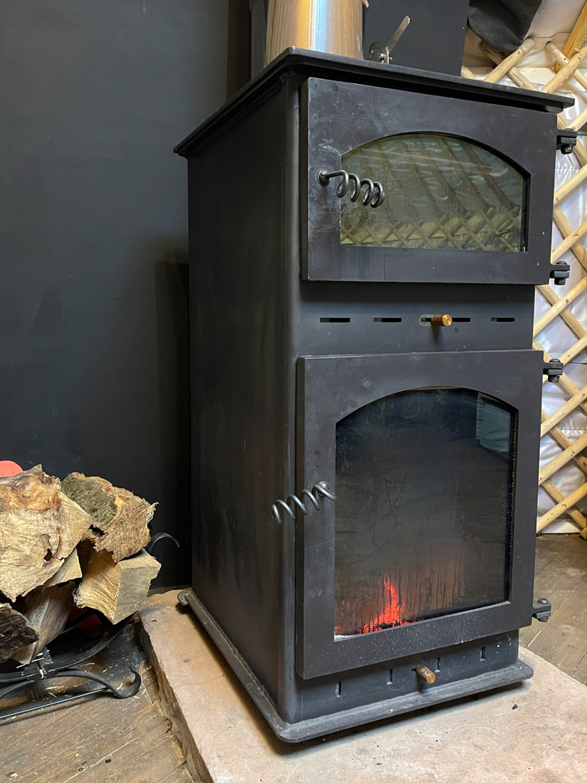 Wood fire at Mathrown of Mabie yurt