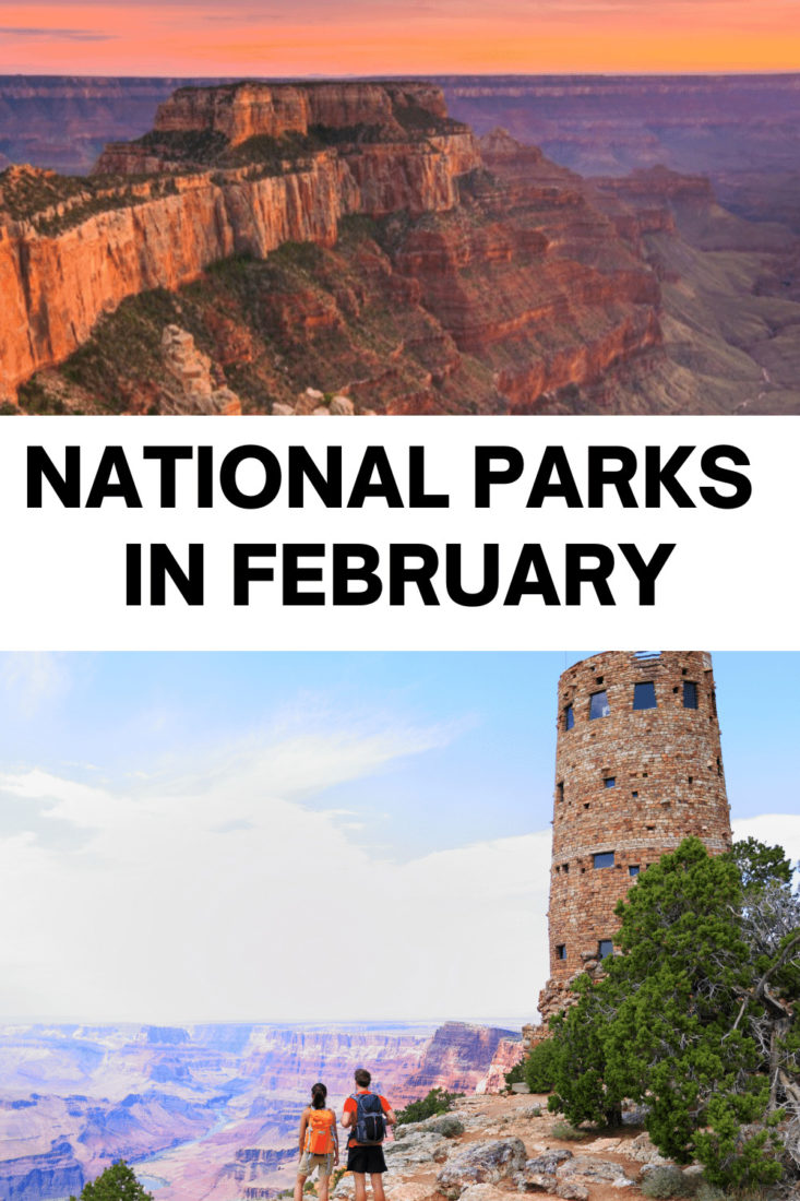 Top image, sunset on Grand Canyon, bottom image, couple at tower