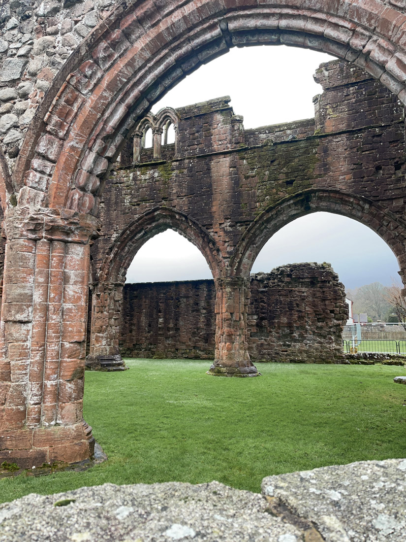 Sweetheart Abbey arches New Abbey Dumfries & Galloway rain