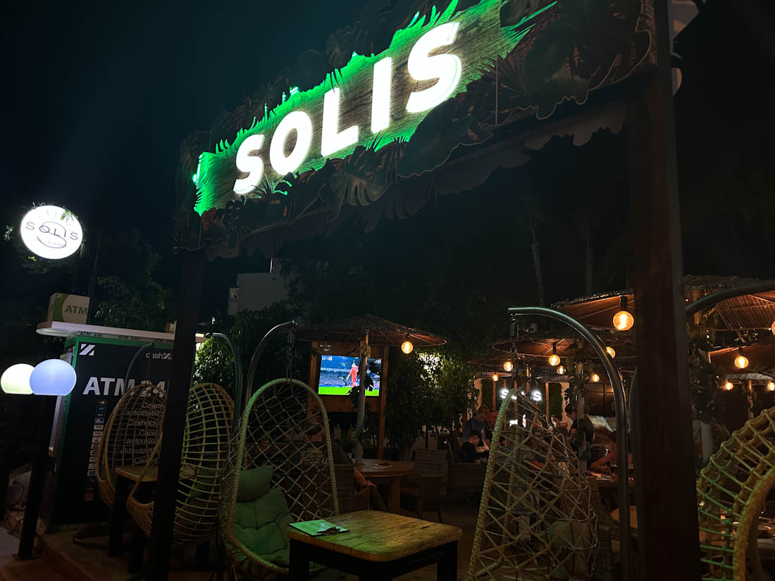 Solis bar lit up at night in Tenerife