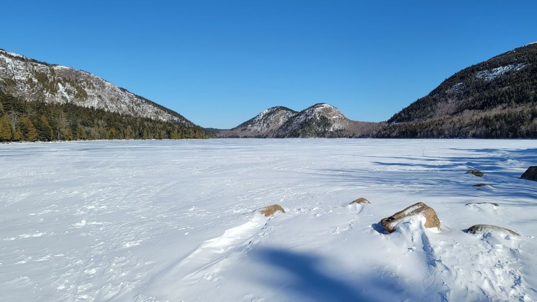 Snow covered Jordan Pond in Acadia National Parl