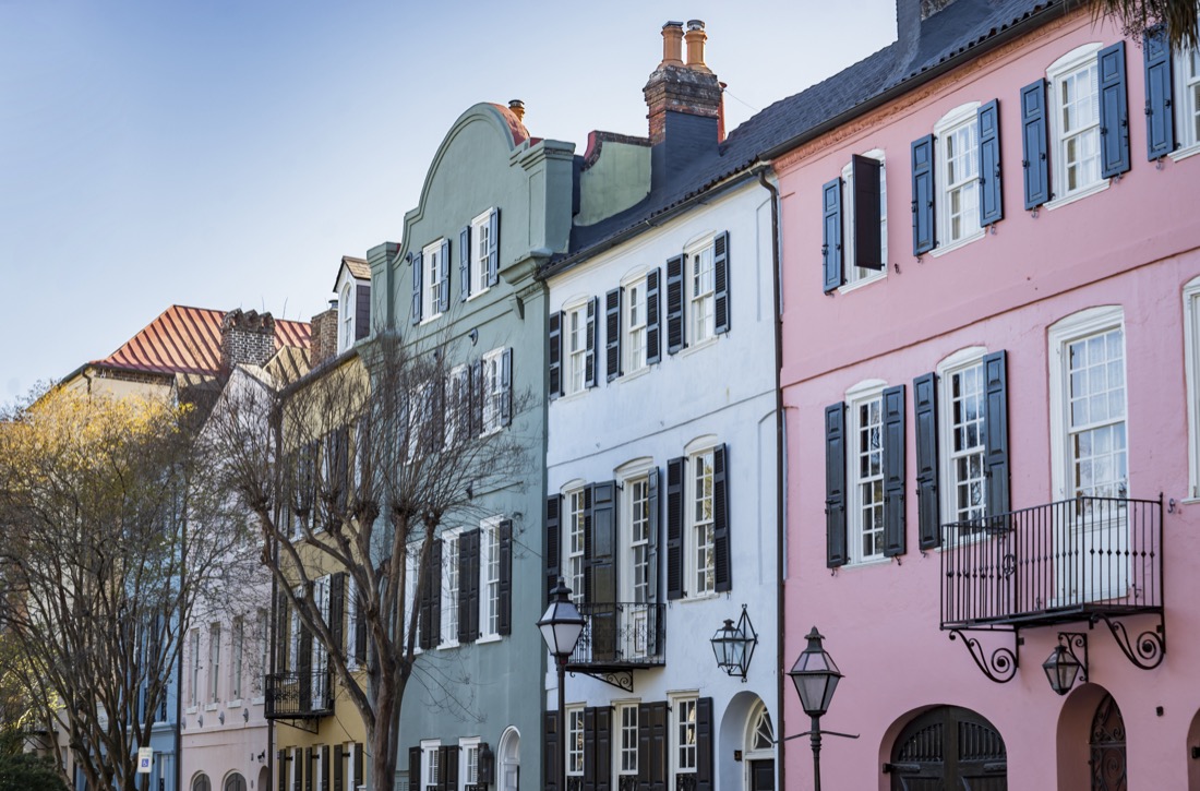 Facade of the Rainbow Row houses Charleston