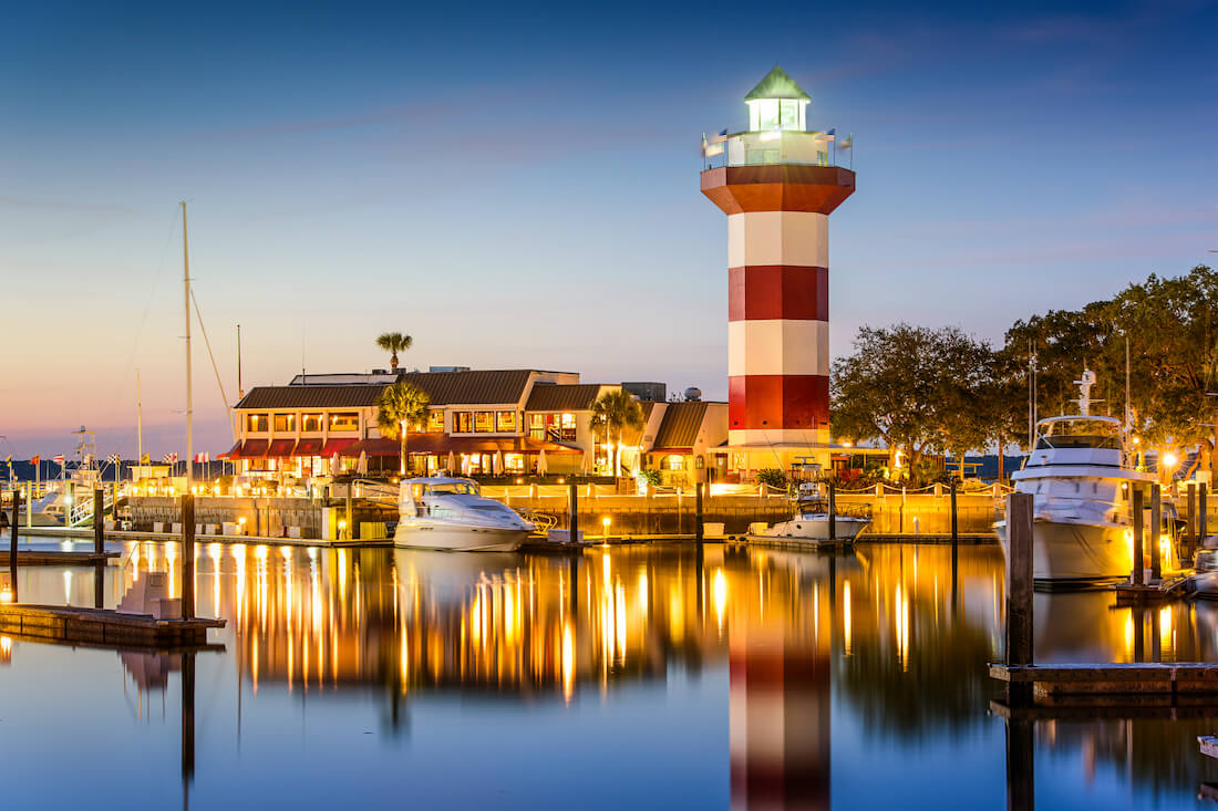 Harbour Town Lighthouse at sunset in Hilton Head 