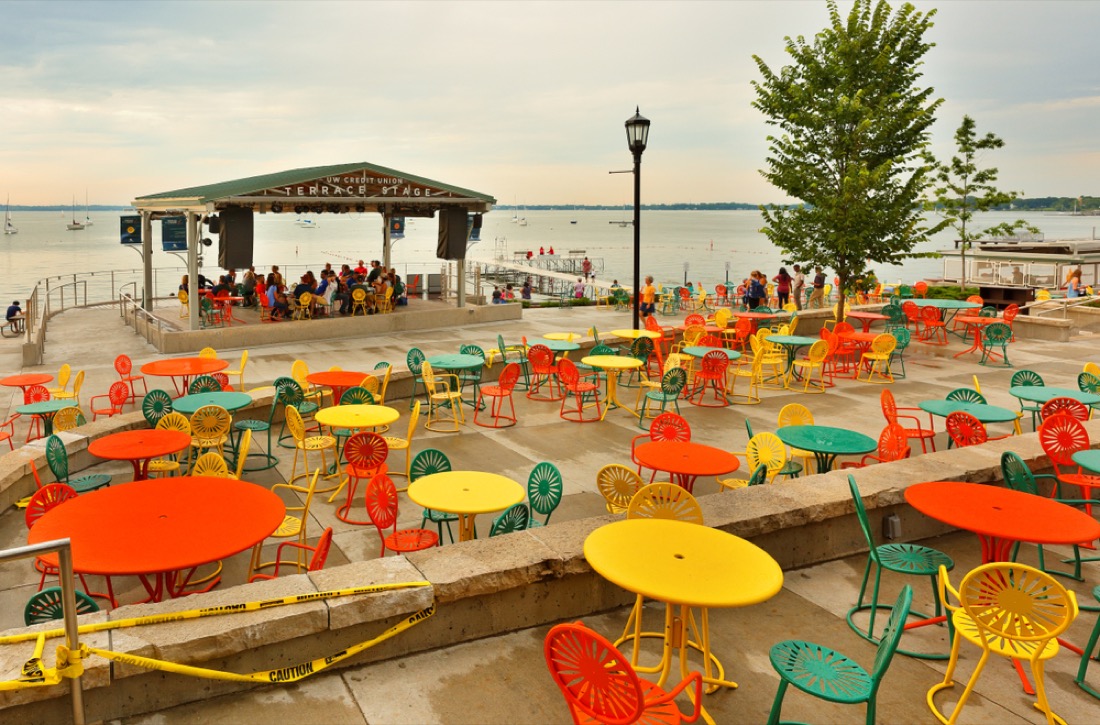Tables on beach at Memorial Union Terrace Madison WI