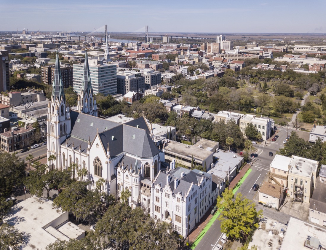 Ariel view of Savannah including Cathedral