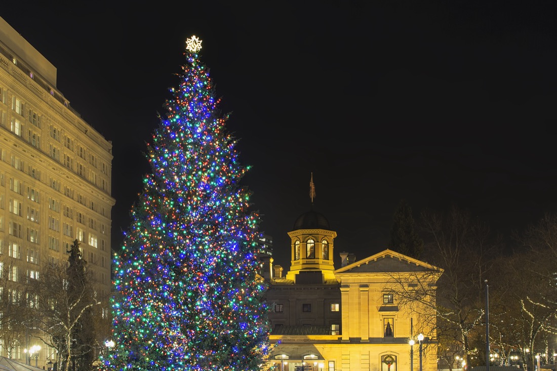 Christmas Holiday Tree lit upat Pioneer Courthouse Square