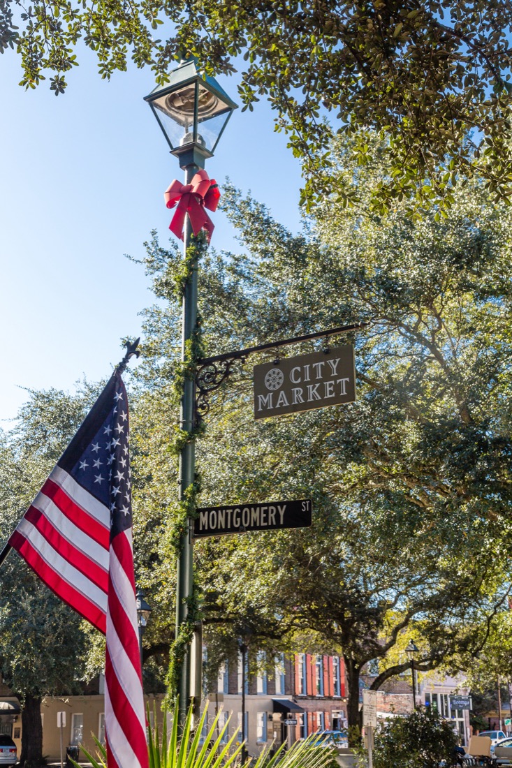 US flag and City Market sign in Savannah