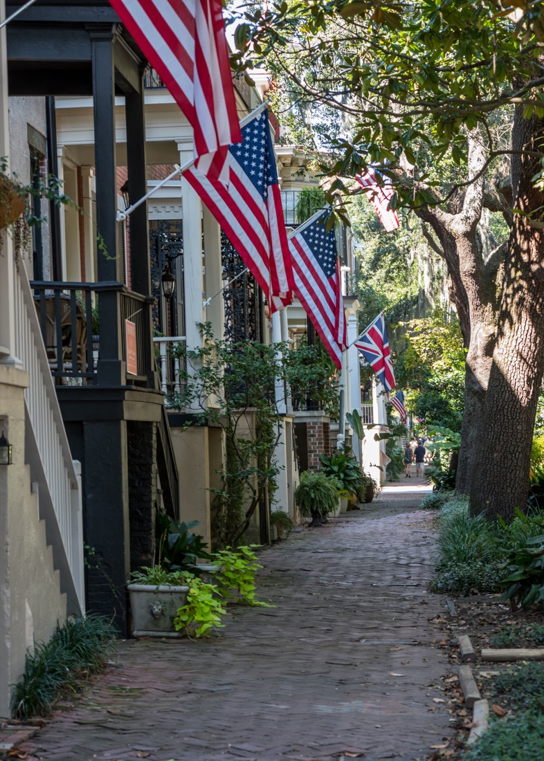 US flags on Jame Street Savannah