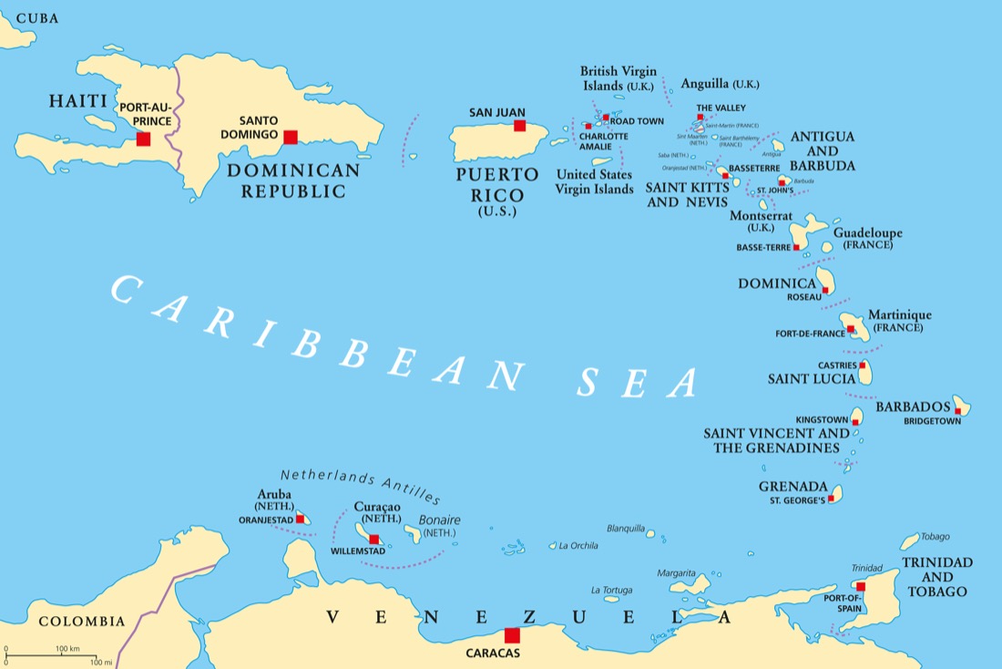 Tropical beach on Barbuda island map